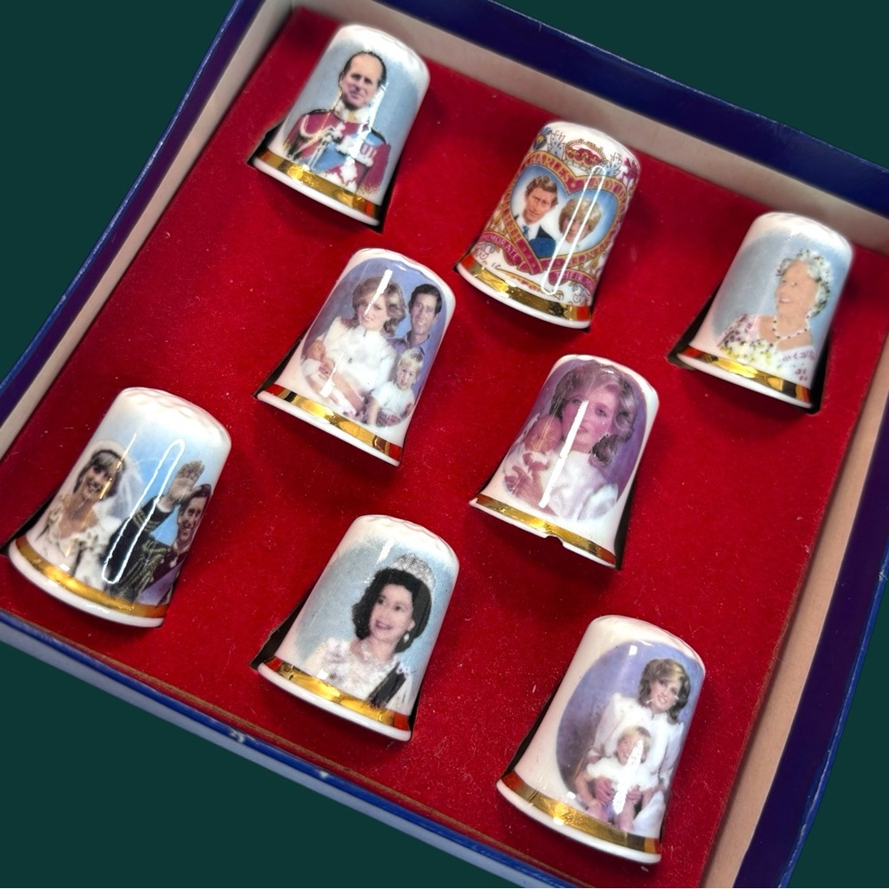 1980s 8 Collectible British Royal Family English Bone China Thimbles by Finsbury